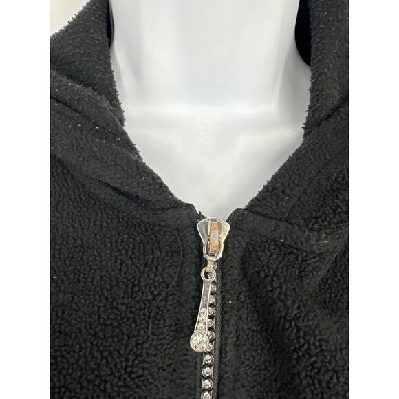 Quacker Factory Black Zip-Up Hooded Fleece Jacket Rhinestone Zipper Pull Sz L - Picture 2 of 9